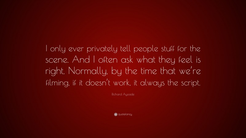 Richard Ayoade Quote: “I only ever privately tell people stuff for the scene. And I often ask what they feel is right. Normally, by the time that we’re filming, if it doesn’t work, it always the script.”