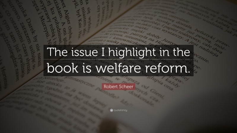 Robert Scheer Quote: “The issue I highlight in the book is welfare reform.”