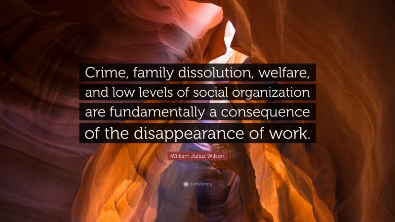 William Julius Wilson Quote: “Crime, family dissolution, welfare, and low levels of social organization are fundamentally a consequence of the disappearance of work.”