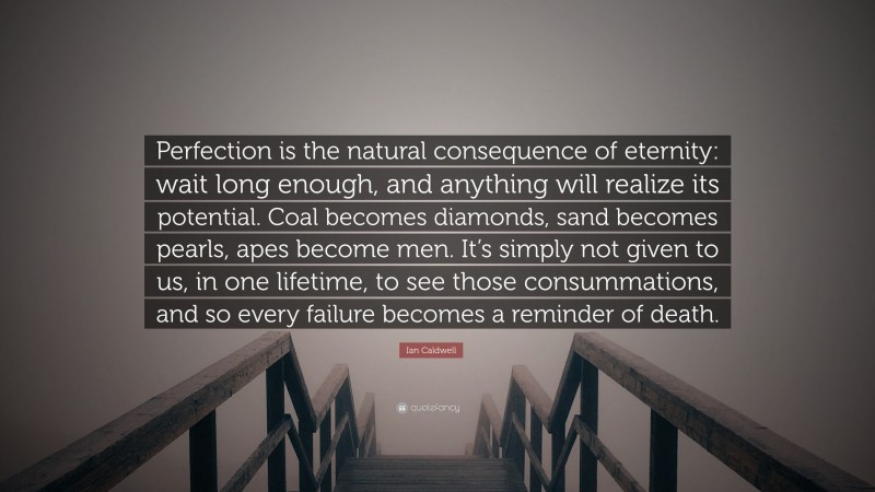 Ian Caldwell Quote: “Perfection is the natural consequence of eternity: wait long enough, and anything will realize its potential. Coal becomes diamonds, sand becomes pearls, apes become men. It’s simply not given to us, in one lifetime, to see those consummations, and so every failure becomes a reminder of death.”