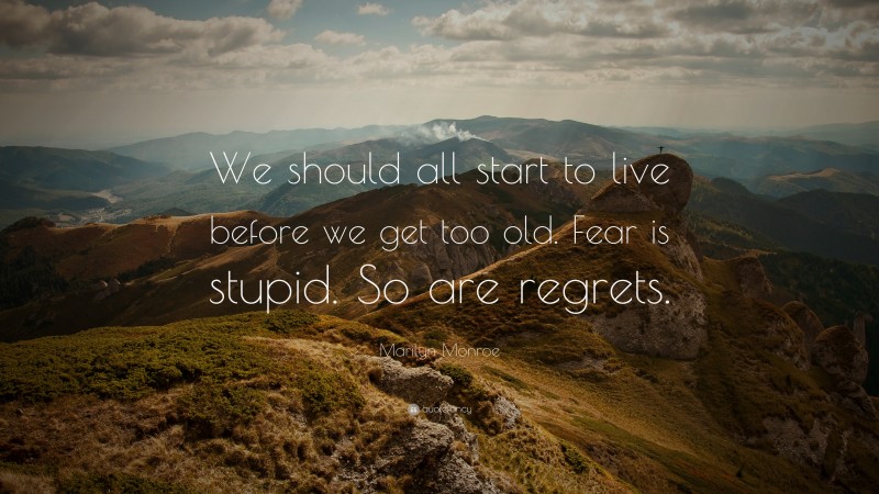 Marilyn Monroe Quote: “We should all start to live before we get too old. Fear is stupid. So are regrets.”