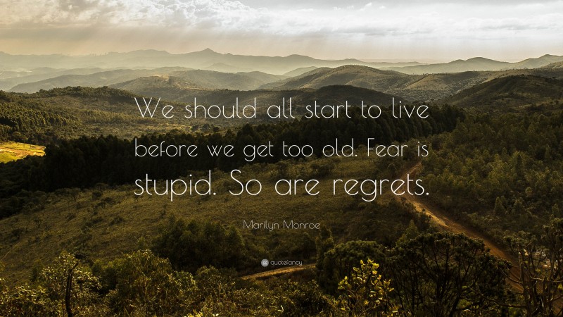 Marilyn Monroe Quote: “We should all start to live before we get too old. Fear is stupid. So are regrets.”