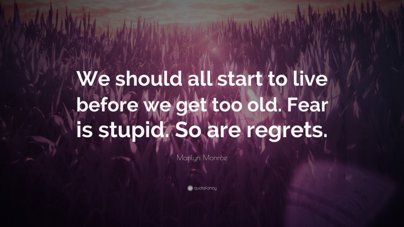 Marilyn Monroe Quote: “We should all start to live before we get too old. Fear is stupid. So are regrets.”