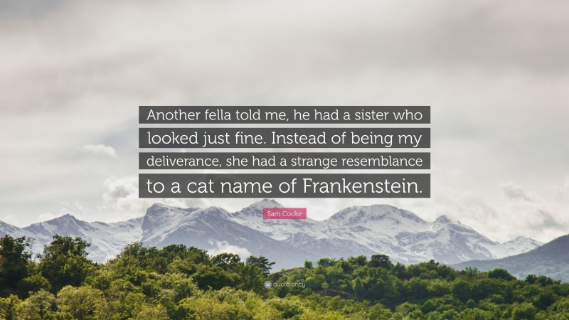 Sam Cooke Quote: “Another fella told me, he had a sister who looked just fine. Instead of being my deliverance, she had a strange resemblance to a cat name of Frankenstein.”