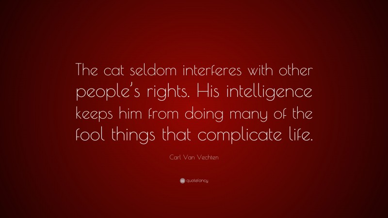 Carl Van Vechten Quote: “The cat seldom interferes with other people’s rights. His intelligence keeps him from doing many of the fool things that complicate life.”