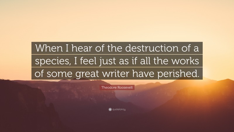 Theodore Roosevelt Quote: “When I hear of the destruction of a species, I feel just as if all the works of some great writer have perished.”