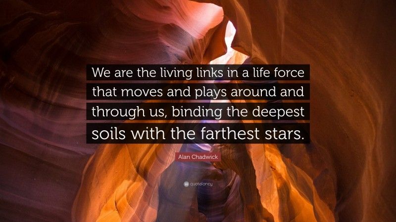 Alan Chadwick Quote: “We are the living links in a life force that moves and plays around and through us, binding the deepest soils with the farthest stars.”