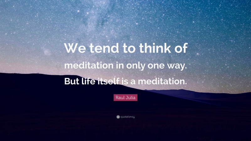 Raul Julia Quote: “We tend to think of meditation in only one way. But life itself is a meditation.”