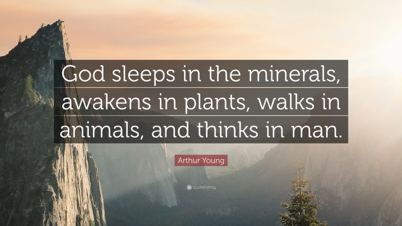Arthur Young Quote: “God sleeps in the minerals, awakens in plants, walks in animals, and thinks in man.”