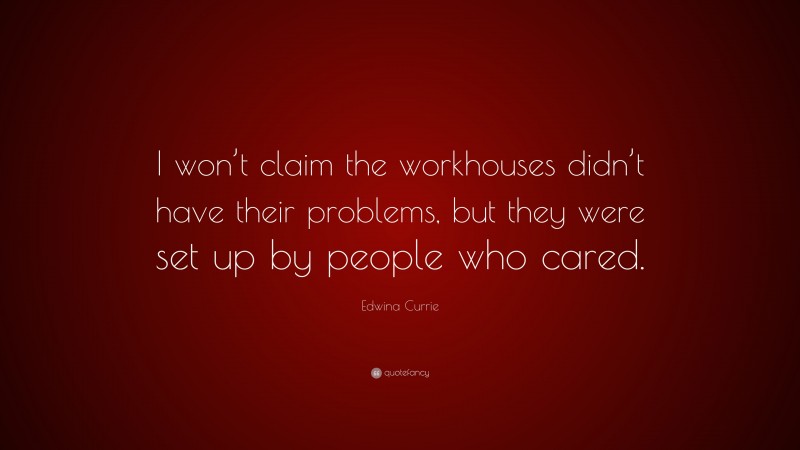 Edwina Currie Quote: “I won’t claim the workhouses didn’t have their problems, but they were set up by people who cared.”
