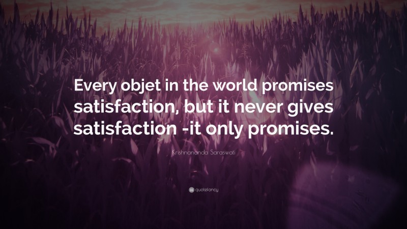 Krishnananda Saraswati Quote: “Every objet in the world promises satisfaction, but it never gives satisfaction -it only promises.”
