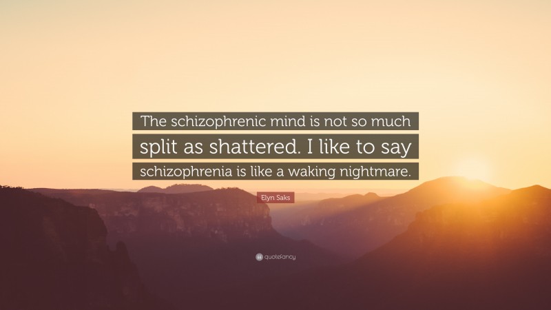 Elyn Saks Quote: “The schizophrenic mind is not so much split as shattered. I like to say schizophrenia is like a waking nightmare.”