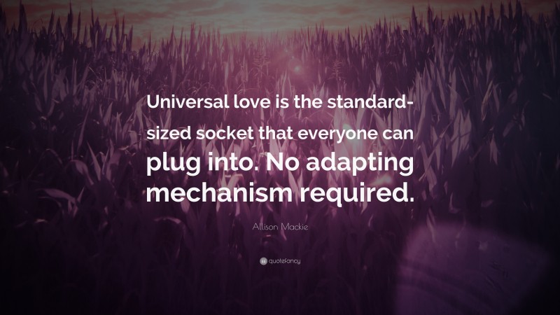 Allison Mackie Quote: “Universal love is the standard-sized socket that everyone can plug into. No adapting mechanism required.”