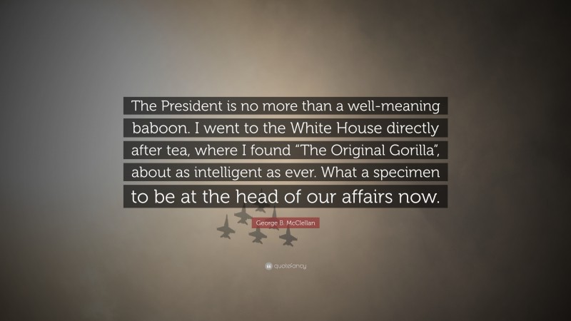 George B. McClellan Quote: “The President is no more than a well-meaning baboon. I went to the White House directly after tea, where I found “The Original Gorilla”, about as intelligent as ever. What a specimen to be at the head of our affairs now.”