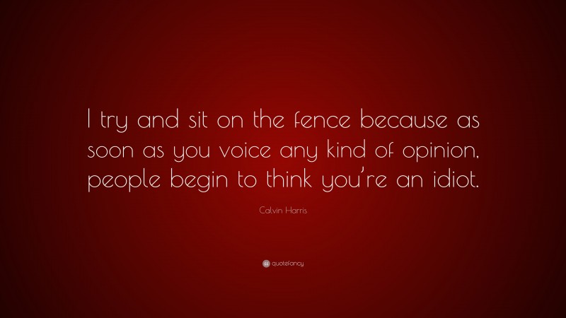 Calvin Harris Quote: “I try and sit on the fence because as soon as you voice any kind of opinion, people begin to think you’re an idiot.”
