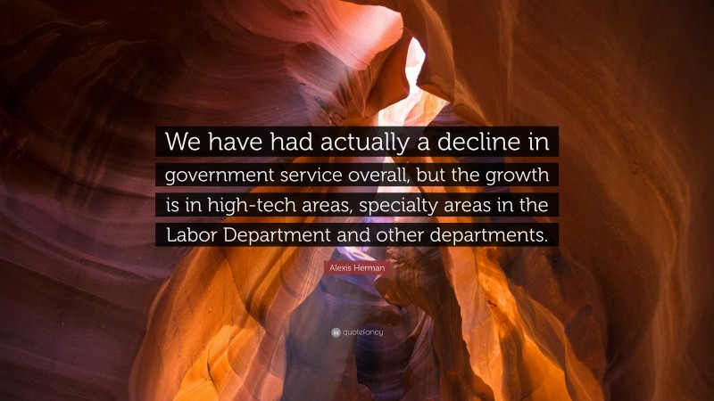 Alexis Herman Quote: “We have had actually a decline in government service overall, but the growth is in high-tech areas, specialty areas in the Labor Department and other departments.”