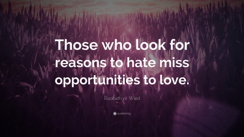 Elisabeth of Wied Quote: “Those who look for reasons to hate miss opportunities to love.”