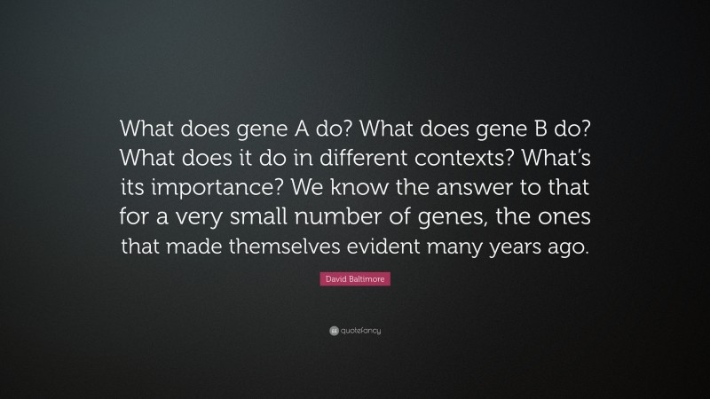David Baltimore Quote: “What does gene A do? What does gene B do? What does it do in different contexts? What’s its importance? We know the answer to that for a very small number of genes, the ones that made themselves evident many years ago.”