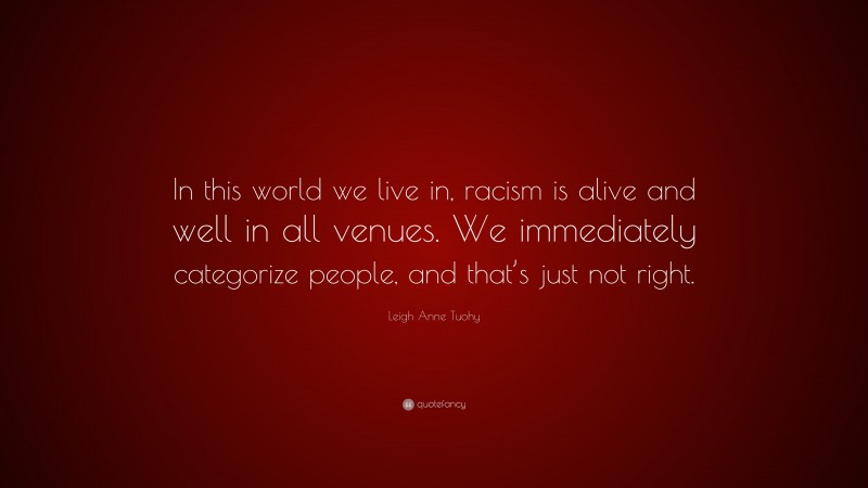 Leigh Anne Tuohy Quote: “In this world we live in, racism is alive and well in all venues. We immediately categorize people, and that’s just not right.”