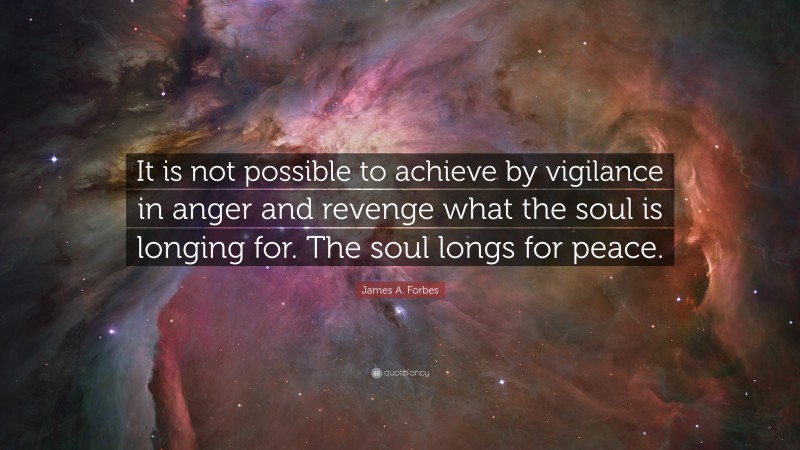 James A. Forbes Quote: “It is not possible to achieve by vigilance in anger and revenge what the soul is longing for. The soul longs for peace.”