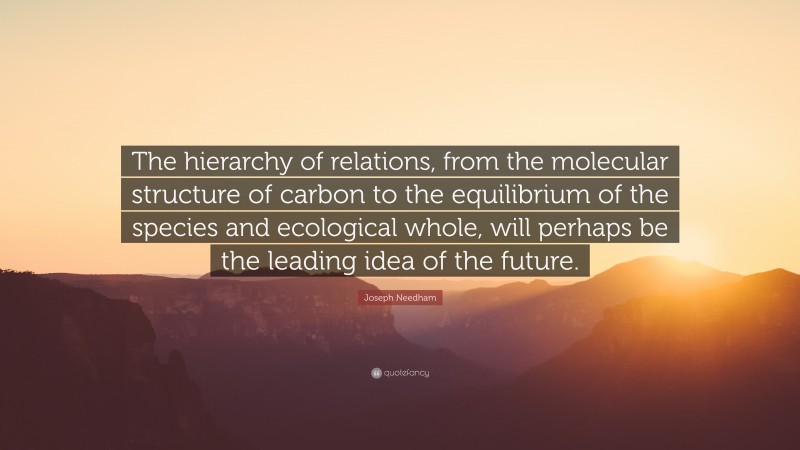 Joseph Needham Quote: “The hierarchy of relations, from the molecular structure of carbon to the equilibrium of the species and ecological whole, will perhaps be the leading idea of the future.”