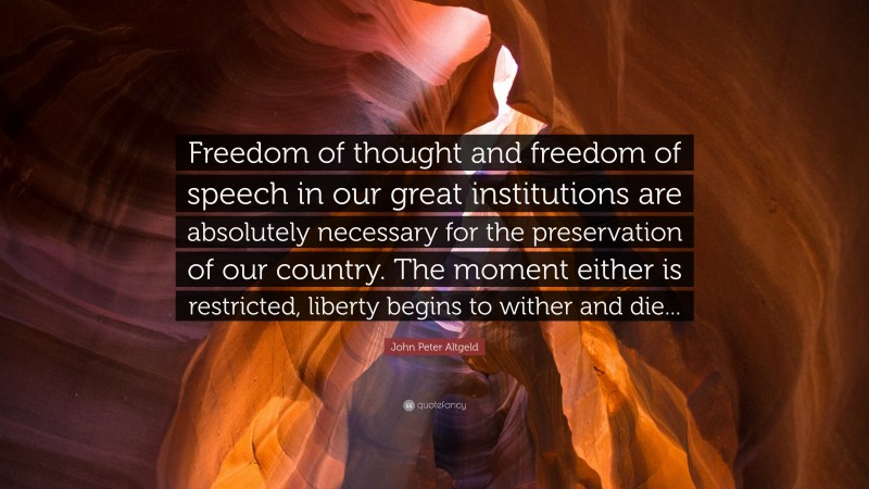 John Peter Altgeld Quote: “Freedom of thought and freedom of speech in our great institutions are absolutely necessary for the preservation of our country. The moment either is restricted, liberty begins to wither and die...”