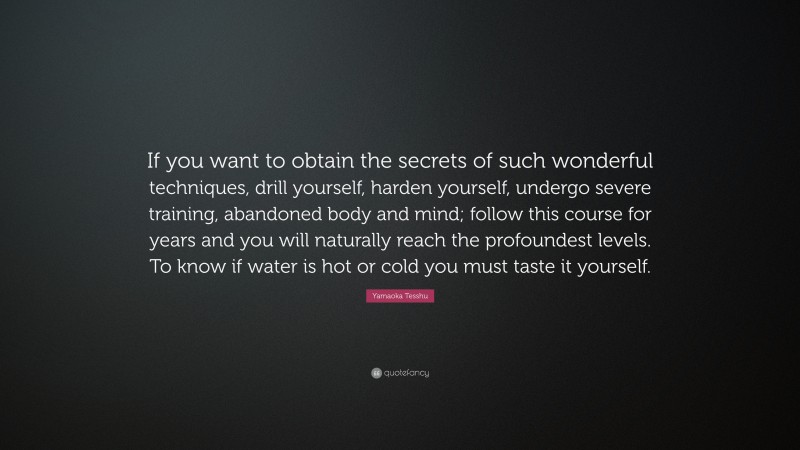 Yamaoka Tesshu Quote: “If you want to obtain the secrets of such wonderful techniques, drill yourself, harden yourself, undergo severe training, abandoned body and mind; follow this course for years and you will naturally reach the profoundest levels. To know if water is hot or cold you must taste it yourself.”
