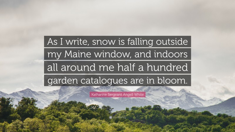 Katharine Sergeant Angell White Quote: “As I write, snow is falling outside my Maine window, and indoors all around me half a hundred garden catalogues are in bloom.”