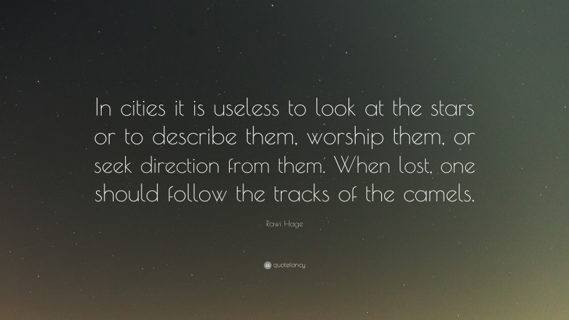 Rawi Hage Quote: “In cities it is useless to look at the stars or to describe them, worship them, or seek direction from them. When lost, one should follow the tracks of the camels.”