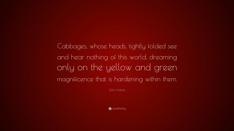 John Haines Quote: “Cabbages, whose heads, tightly folded see and hear nothing of this world, dreaming only on the yellow and green magnificence that is hardening within them.”