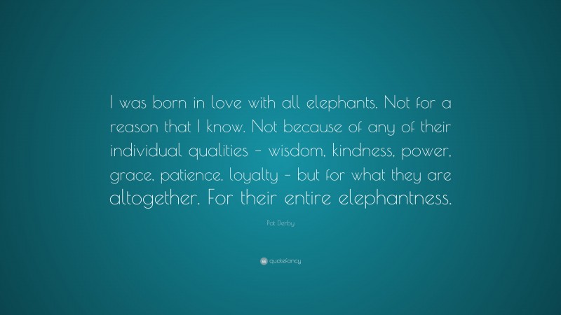 Pat Derby Quote: “I was born in love with all elephants. Not for a reason that I know. Not because of any of their individual qualities – wisdom, kindness, power, grace, patience, loyalty – but for what they are altogether. For their entire elephantness.”