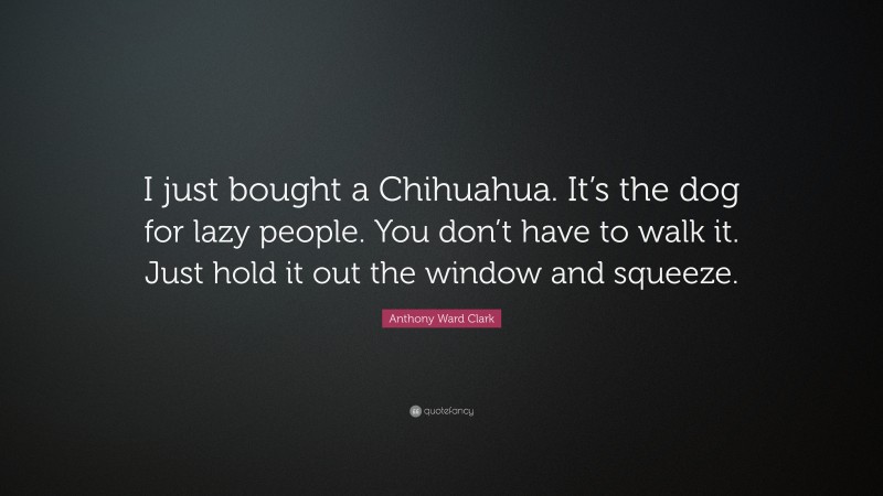 Anthony Ward Clark Quote: “I just bought a Chihuahua. It’s the dog for lazy people. You don’t have to walk it. Just hold it out the window and squeeze.”