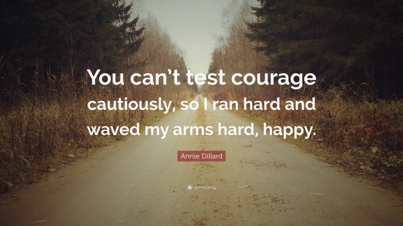 Annie Dillard Quote: “You can’t test courage cautiously, so I ran hard and waved my arms hard, happy.”