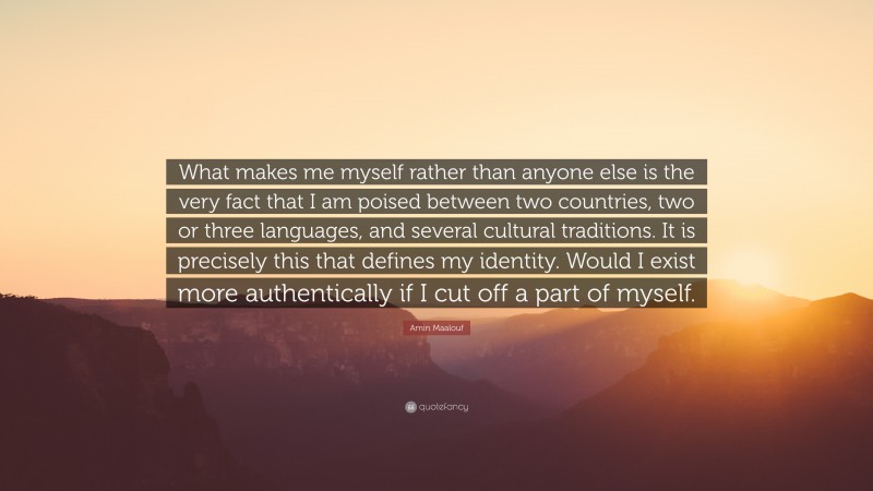 Amin Maalouf Quote: “What makes me myself rather than anyone else is the very fact that I am poised between two countries, two or three languages, and several cultural traditions. It is precisely this that defines my identity. Would I exist more authentically if I cut off a part of myself.”