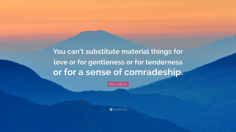 Mitch Albom Quote: “You can’t substitute material things for love or for gentleness or for tenderness or for a sense of comradeship.”