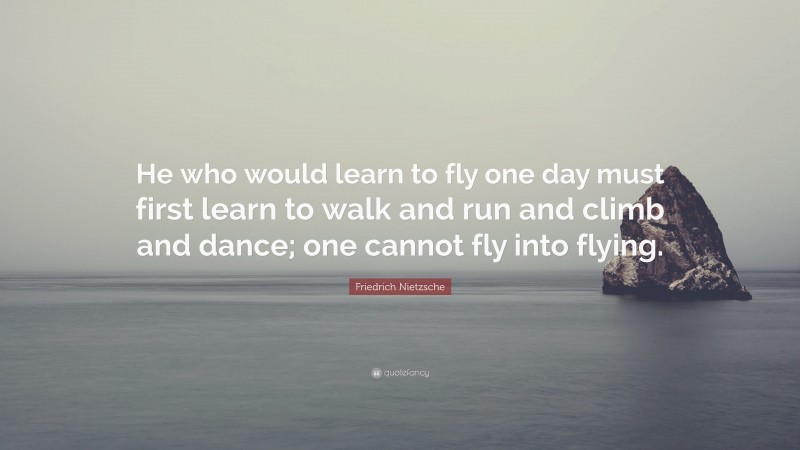 Friedrich Nietzsche Quote: “He who would learn to fly one day must first learn to walk and run and climb and dance; one cannot fly into flying.”