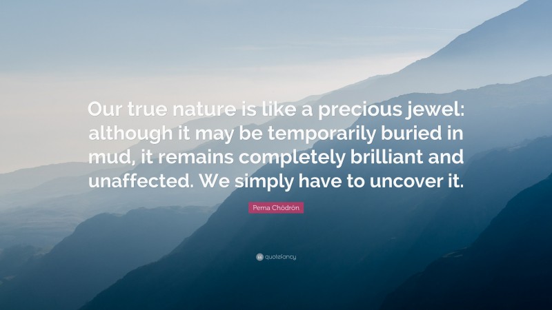Pema Chödrön Quote: “Our true nature is like a precious jewel: although it may be temporarily buried in mud, it remains completely brilliant and unaffected. We simply have to uncover it.”