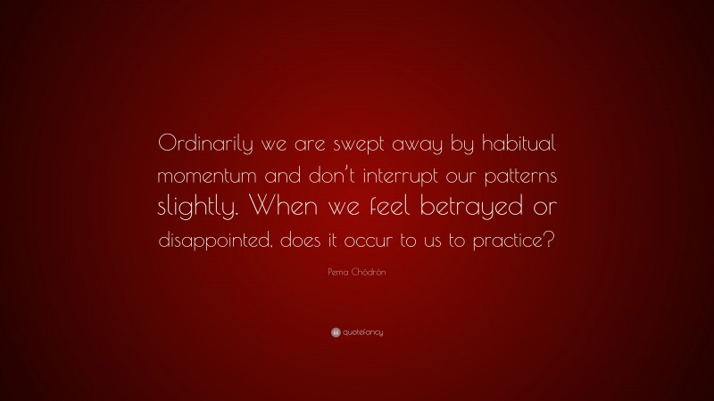 Pema Chödrön Quote: “Ordinarily we are swept away by habitual momentum and don’t interrupt our patterns slightly. When we feel betrayed or disappointed, does it occur to us to practice?”