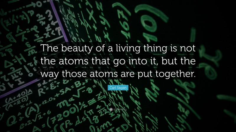 Carl Sagan Quote: “The beauty of a living thing is not the atoms that go into it, but the way those atoms are put together.”