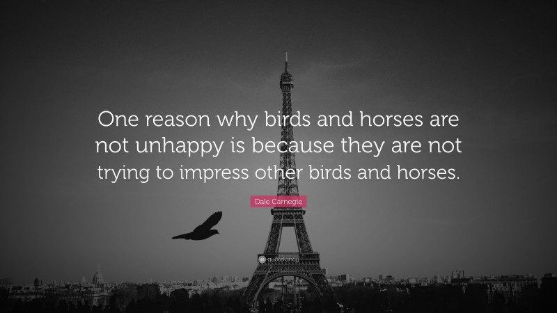 Dale Carnegie Quote: “One reason why birds and horses are not unhappy is because they are not trying to impress other birds and horses.”