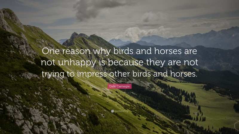Dale Carnegie Quote: “One reason why birds and horses are not unhappy is because they are not trying to impress other birds and horses.”