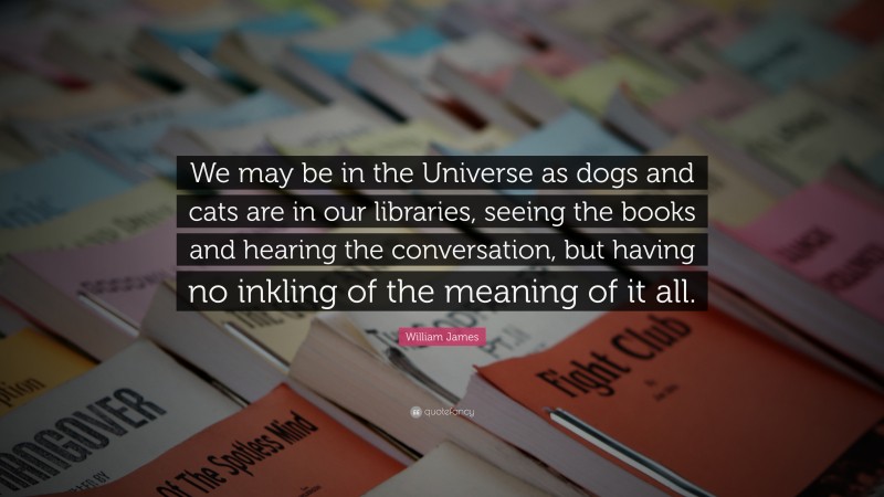 William James Quote: “We may be in the Universe as dogs and cats are in our libraries, seeing the books and hearing the conversation, but having no inkling of the meaning of it all.”
