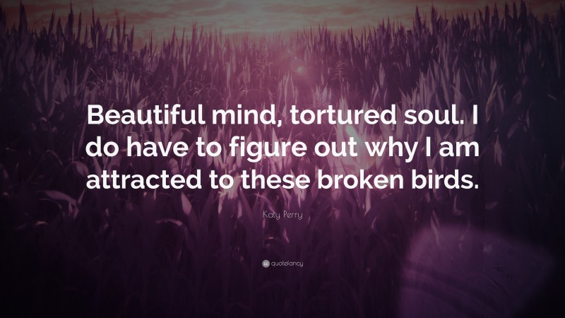 Katy Perry Quote: “Beautiful mind, tortured soul. I do have to figure out why I am attracted to these broken birds.”