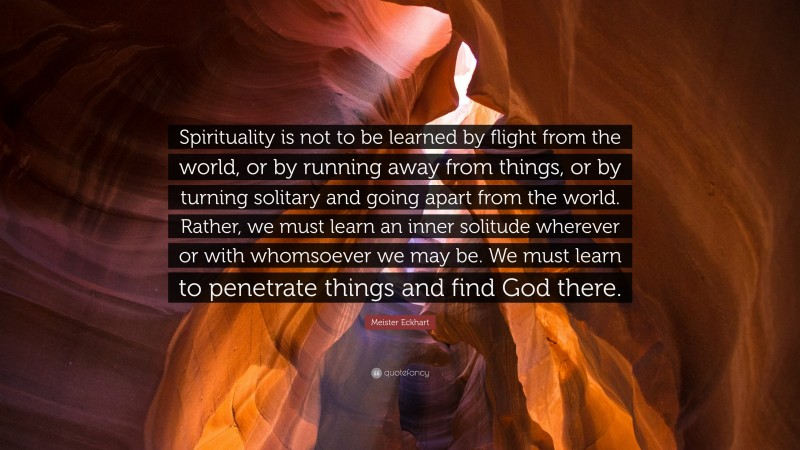 Meister Eckhart Quote: “Spirituality is not to be learned by flight from the world, or by running away from things, or by turning solitary and going apart from the world. Rather, we must learn an inner solitude wherever or with whomsoever we may be. We must learn to penetrate things and find God there.”
