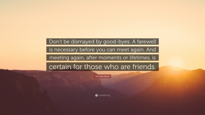 Richard Bach Quote: “Don’t be dismayed by good-byes. A farewell is necessary before you can meet again. And meeting again, after moments or lifetimes, is certain for those who are friends.”