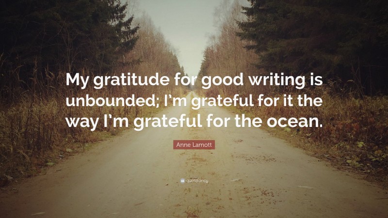 Anne Lamott Quote: “My gratitude for good writing is unbounded; I’m grateful for it the way I’m grateful for the ocean.”