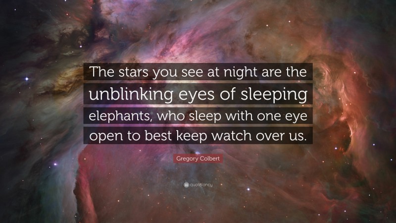Gregory Colbert Quote: “The stars you see at night are the unblinking eyes of sleeping elephants, who sleep with one eye open to best keep watch over us.”