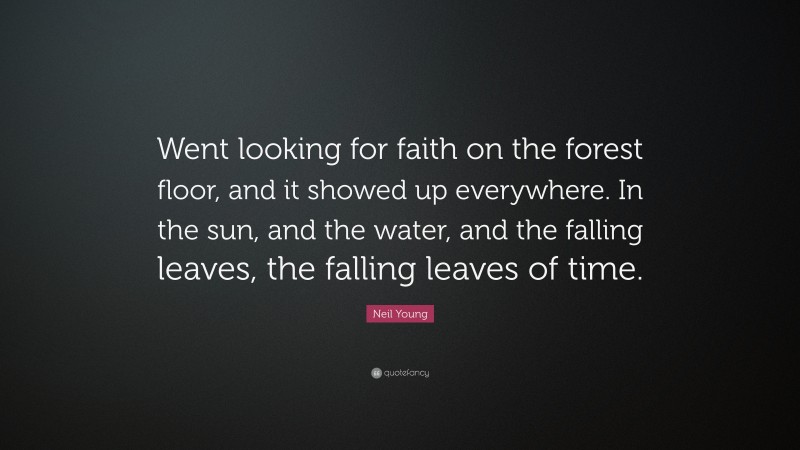 Neil Young Quote: “Went looking for faith on the forest floor, and it showed up everywhere. In the sun, and the water, and the falling leaves, the falling leaves of time.”
