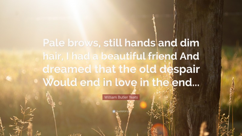 William Butler Yeats Quote: “Pale brows, still hands and dim hair, I had a beautiful friend And dreamed that the old despair Would end in love in the end...”