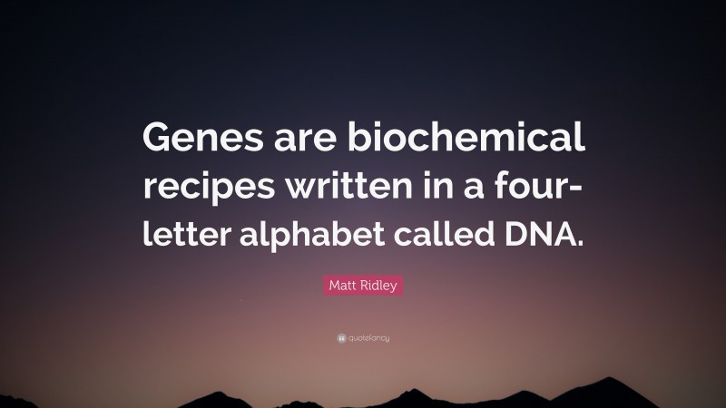 Matt Ridley Quote: “Genes are biochemical recipes written in a four-letter alphabet called DNA.”